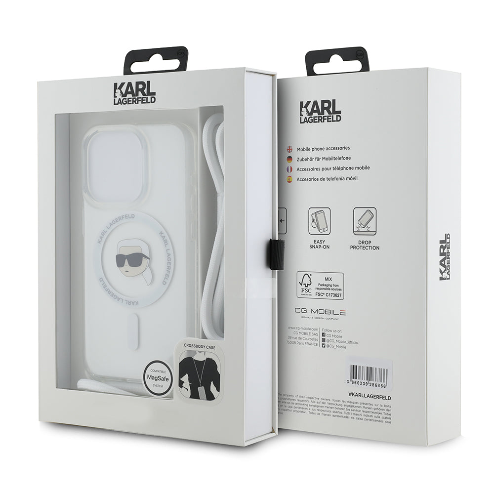 Funda MagSafe para Apple iPhone 15 Pro Max, Karl Lagerfeld, IML Crossbody Karl's Head, Transparente