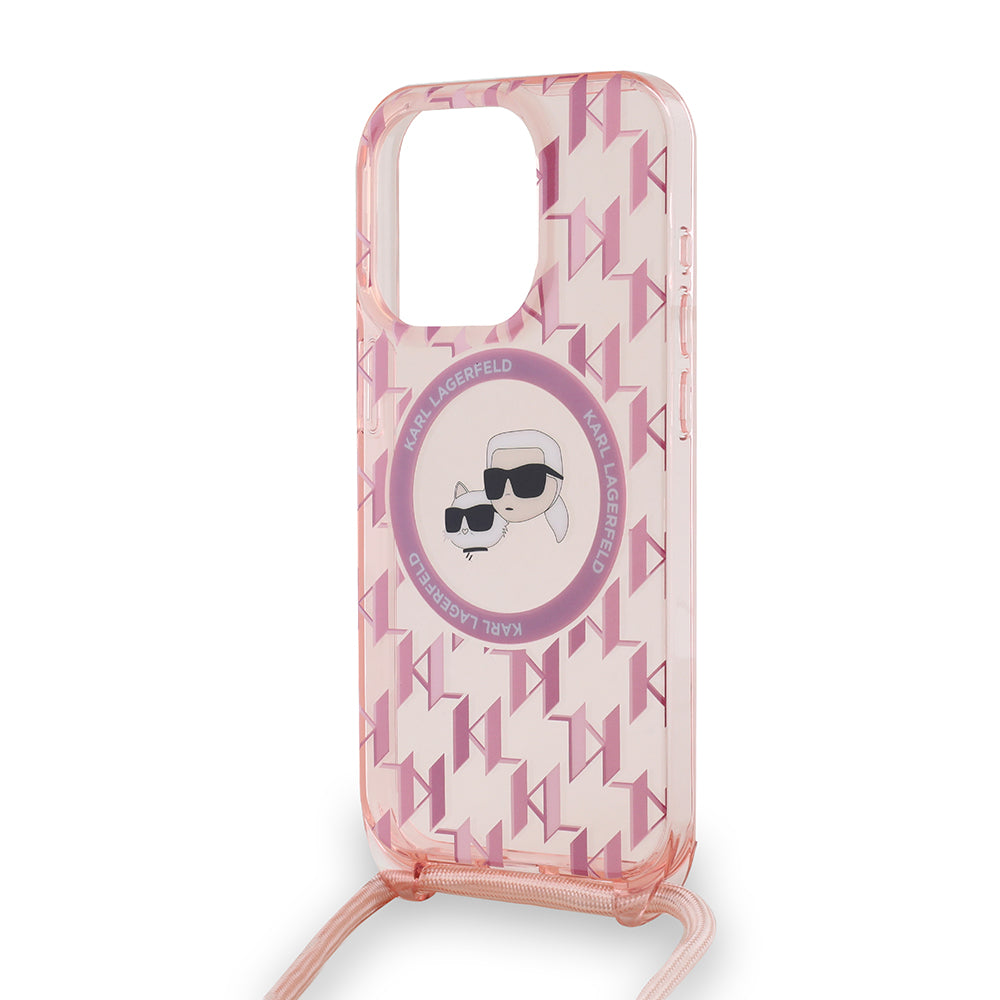 Funda MagSafe para Apple iPhone 15 Pro Max, Karl Lagerfeld, IML Crossbody Monogram Karl & Choupette's Heads, Rosa