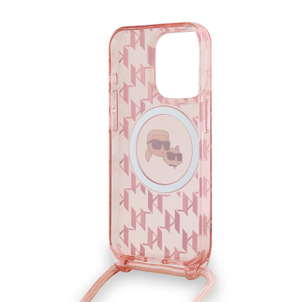 Funda MagSafe para Apple iPhone 15 Pro Max, Karl Lagerfeld, IML Crossbody Monogram Karl & Choupette's Heads, Rosa