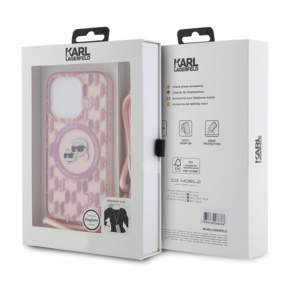 Funda MagSafe para Apple iPhone 15 Pro Max, Karl Lagerfeld, IML Crossbody Monogram Karl & Choupette's Heads, Rosa