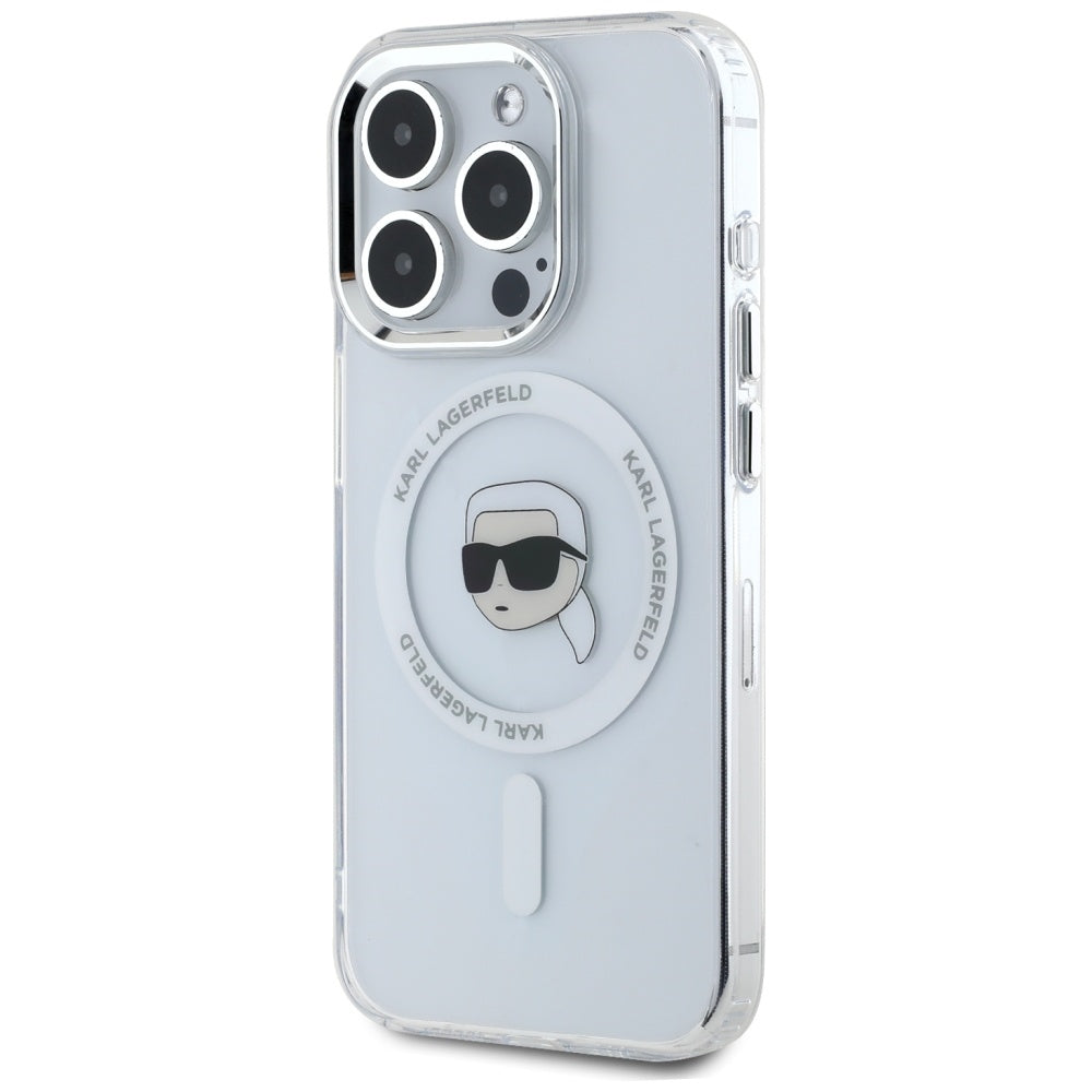 Funda MagSafe para Apple iPhone 15 Pro Max, Karl Lagerfeld, IML Metal Karl's Head, Blanca.