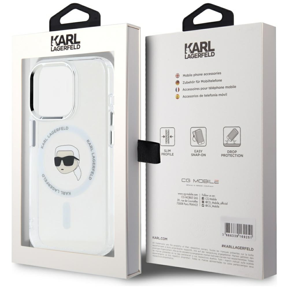 Funda MagSafe para Apple iPhone 15 Pro Max, Karl Lagerfeld, IML Metal Karl's Head, Blanca.