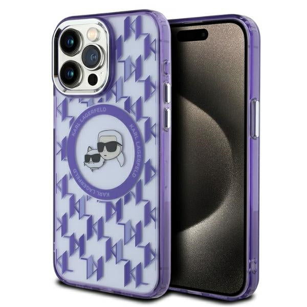 Funda MagSafe para Apple iPhone 15 Pro Max, Karl Lagerfeld, IML Monogram Karl & Choupette's Heads, Morado