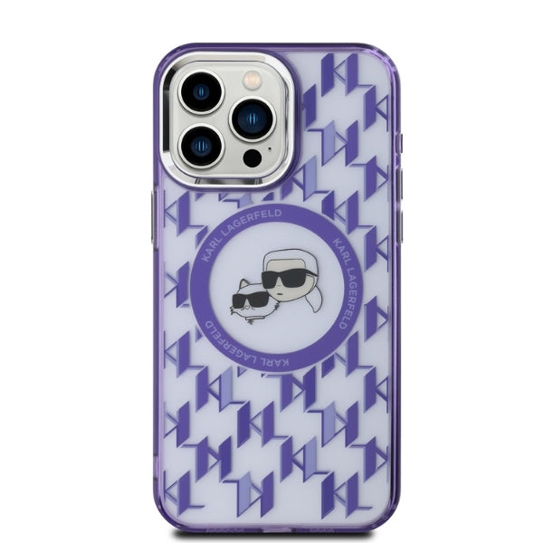 Funda MagSafe para Apple iPhone 15 Pro Max, Karl Lagerfeld, IML Monogram Karl & Choupette's Heads, Morado