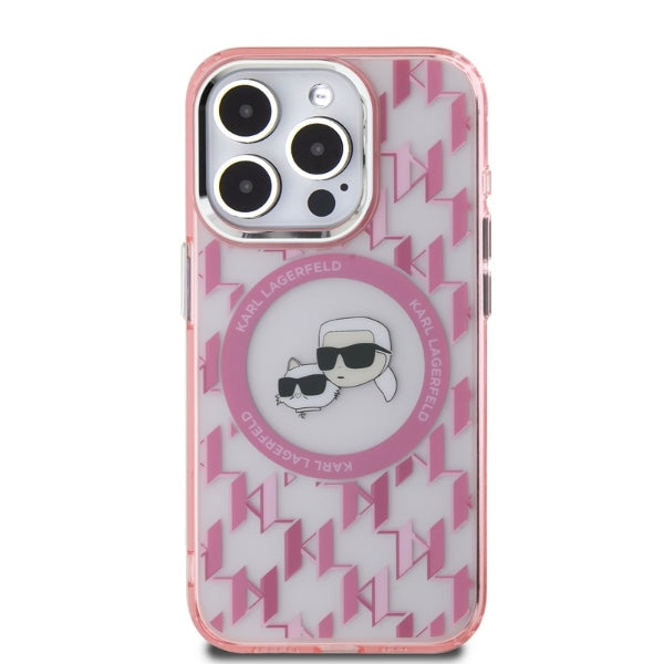 Funda MagSafe para Apple iPhone 15 Pro Max, Karl Lagerfeld, IML Monograma Karl & Choupette's Heads, Rosa