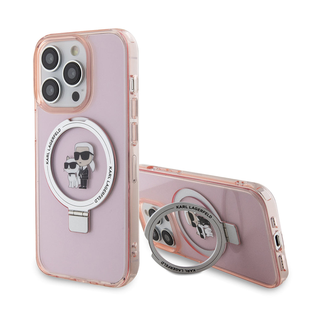 Funda MagSafe para Apple iPhone 15 Pro Max, Karl Lagerfeld, Ring Stand Karl & Choupette, Rosa