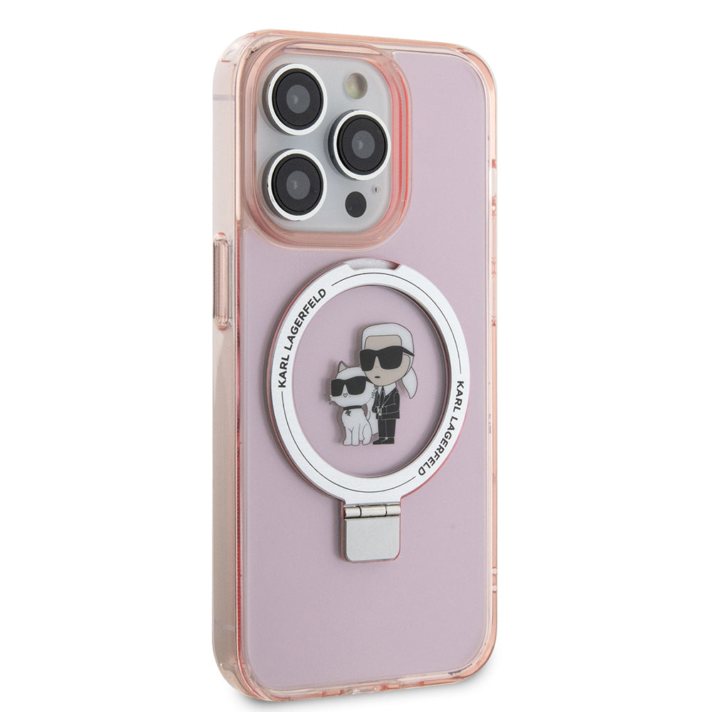 Funda MagSafe para Apple iPhone 15 Pro Max, Karl Lagerfeld, Ring Stand Karl & Choupette, Rosa