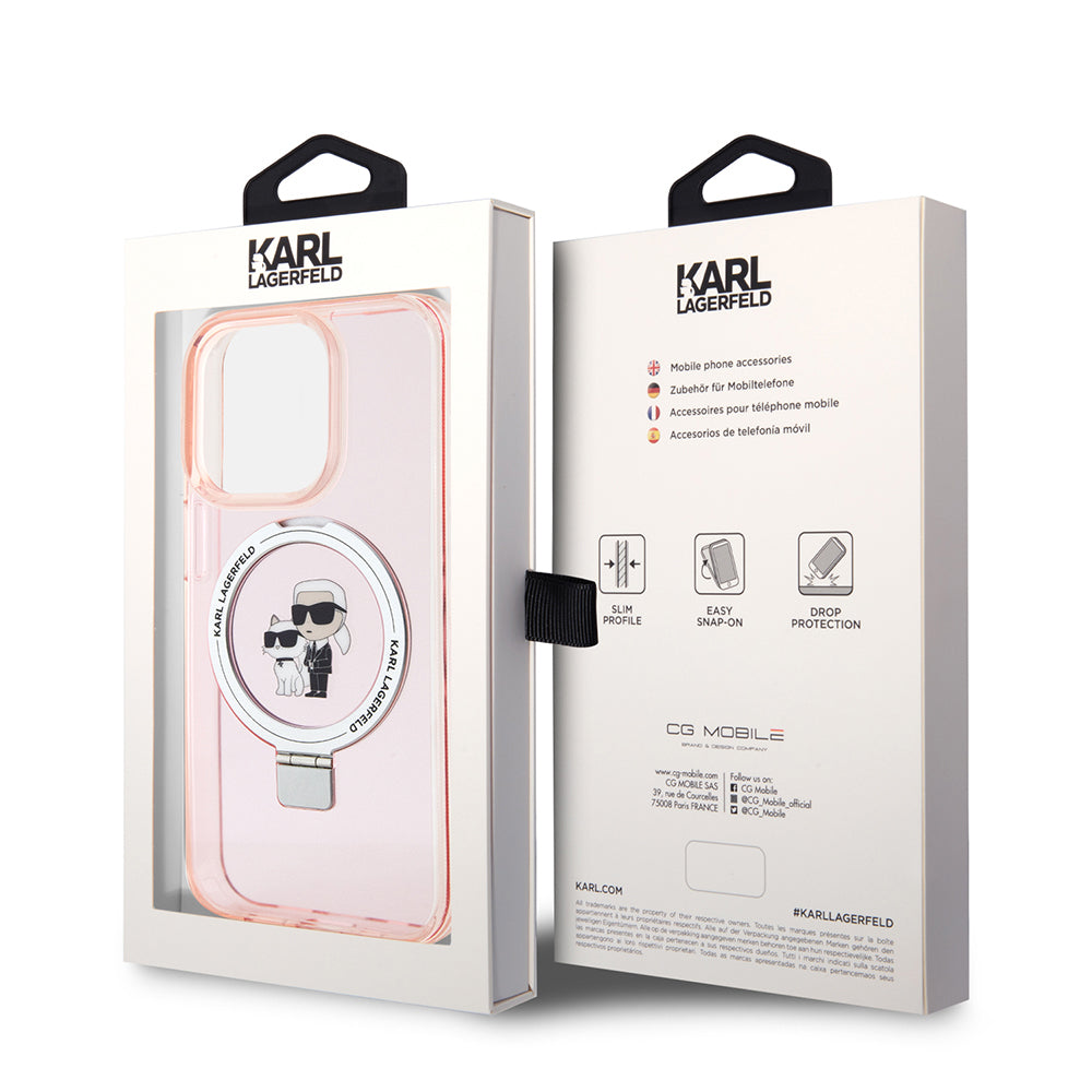 Funda MagSafe para Apple iPhone 15 Pro Max, Karl Lagerfeld, Ring Stand Karl & Choupette, Rosa