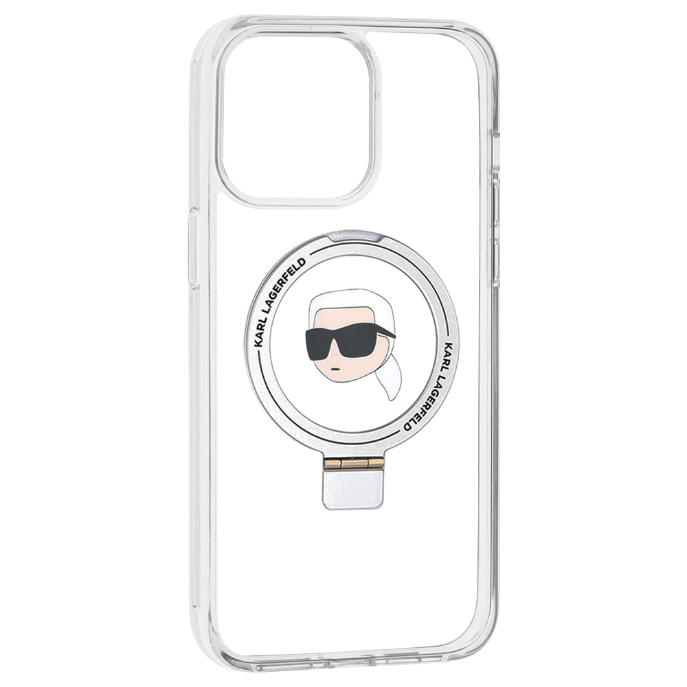 Funda MagSafe para Apple iPhone 15 Pro Max, Karl Lagerfeld, Ring Stand Karl's Head, Blanca