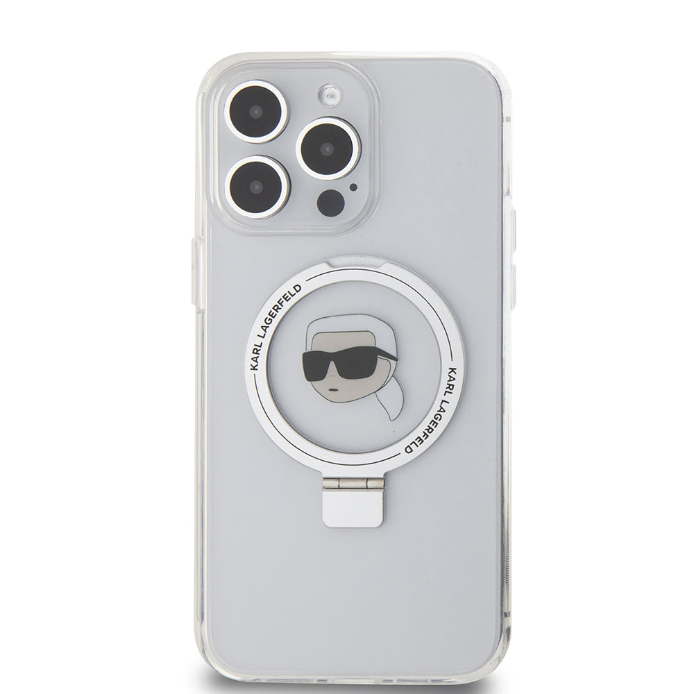 Funda MagSafe para Apple iPhone 15 Pro Max, Karl Lagerfeld, Ring Stand Karl's Head, Blanca