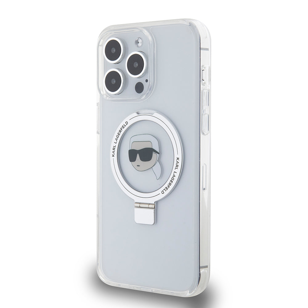 Funda MagSafe para Apple iPhone 15 Pro Max, Karl Lagerfeld, Ring Stand Karl's Head, Blanca