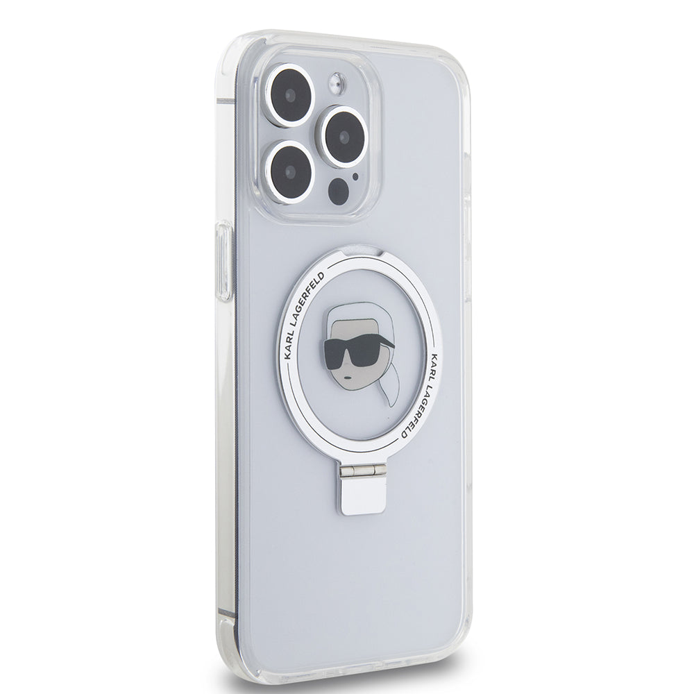 Funda MagSafe para Apple iPhone 15 Pro Max, Karl Lagerfeld, Ring Stand Karl's Head, Blanca