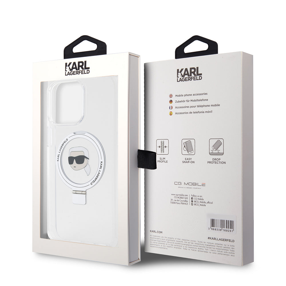 Funda MagSafe para Apple iPhone 15 Pro Max, Karl Lagerfeld, Ring Stand Karl's Head, Blanca