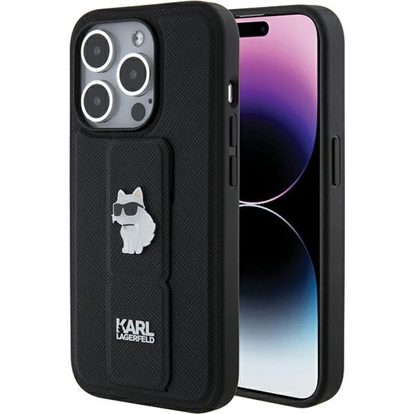 Funda MagSafe para Apple iPhone 15 Pro Max, Karl Lagerfeld, Saffiano Gripstand Choupette, Negra