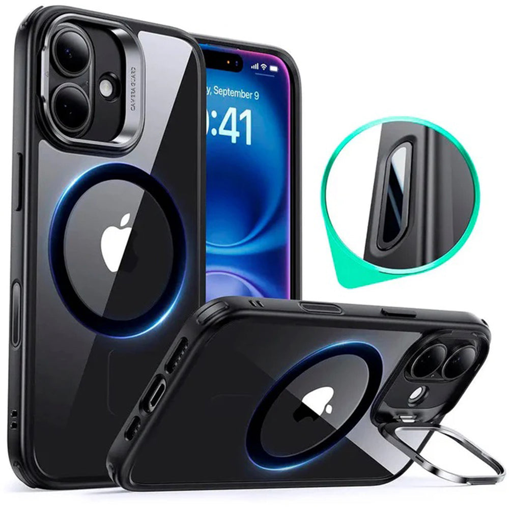 Funda MagSafe para Apple iPhone 16, ESR, Classic Hybrid Kickstand Slide, Negra Transparente