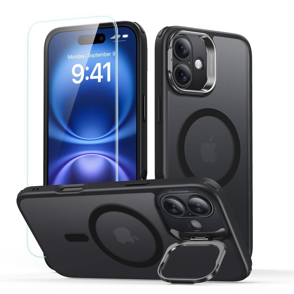 Funda MagSafe para Apple iPhone 16, ESR, Classic Hybrid Kickstand con Protector de Pantalla, Negra Satinada