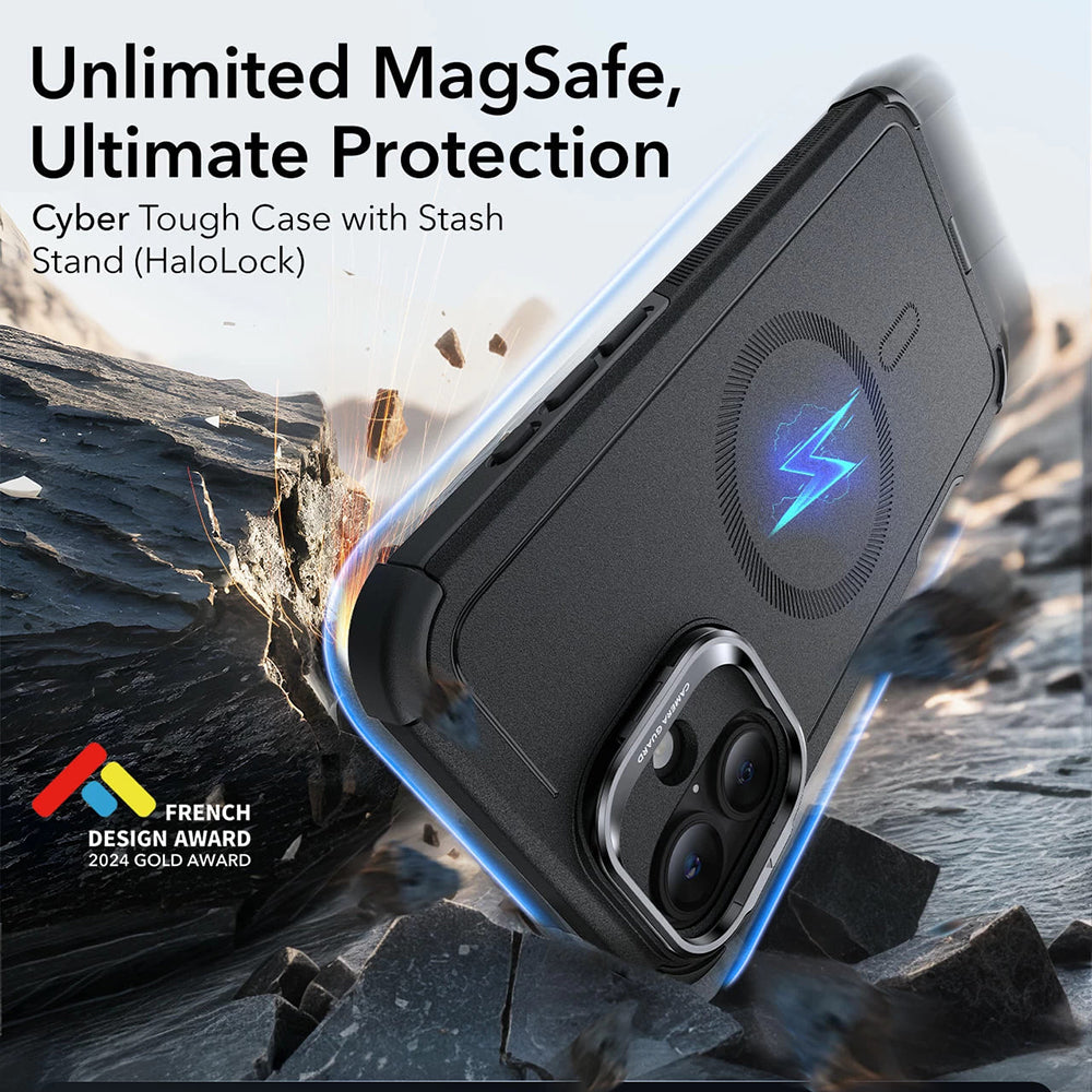 Funda MagSafe para Apple iPhone 16, ESR, Cyber Armor Kickstand, Negra