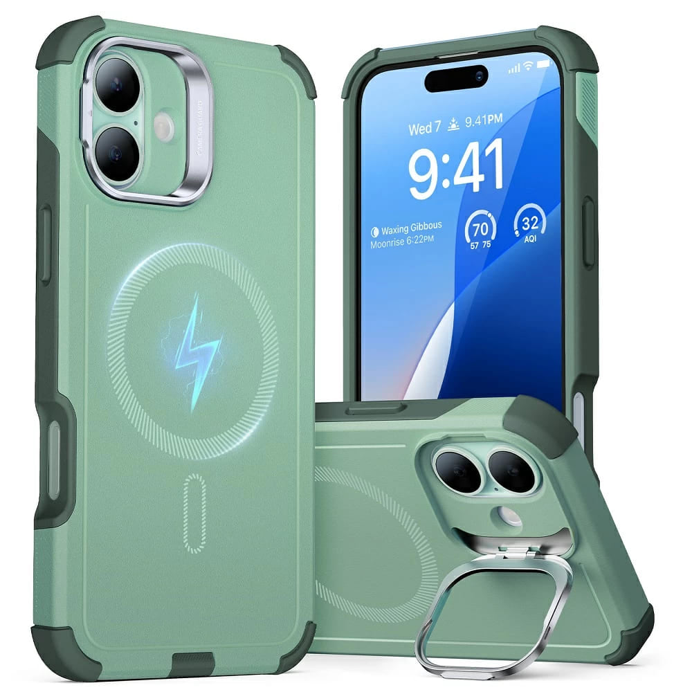 MagSafe Case for Apple iPhone 16, ESR, Cyber Armor Kickstand, Green