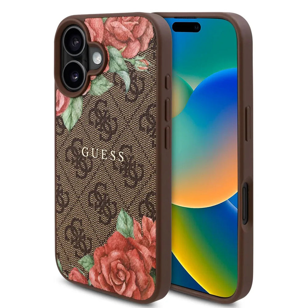 Funda MagSafe para Apple iPhone 16, Guess, 4G Flowers Print, Marrón