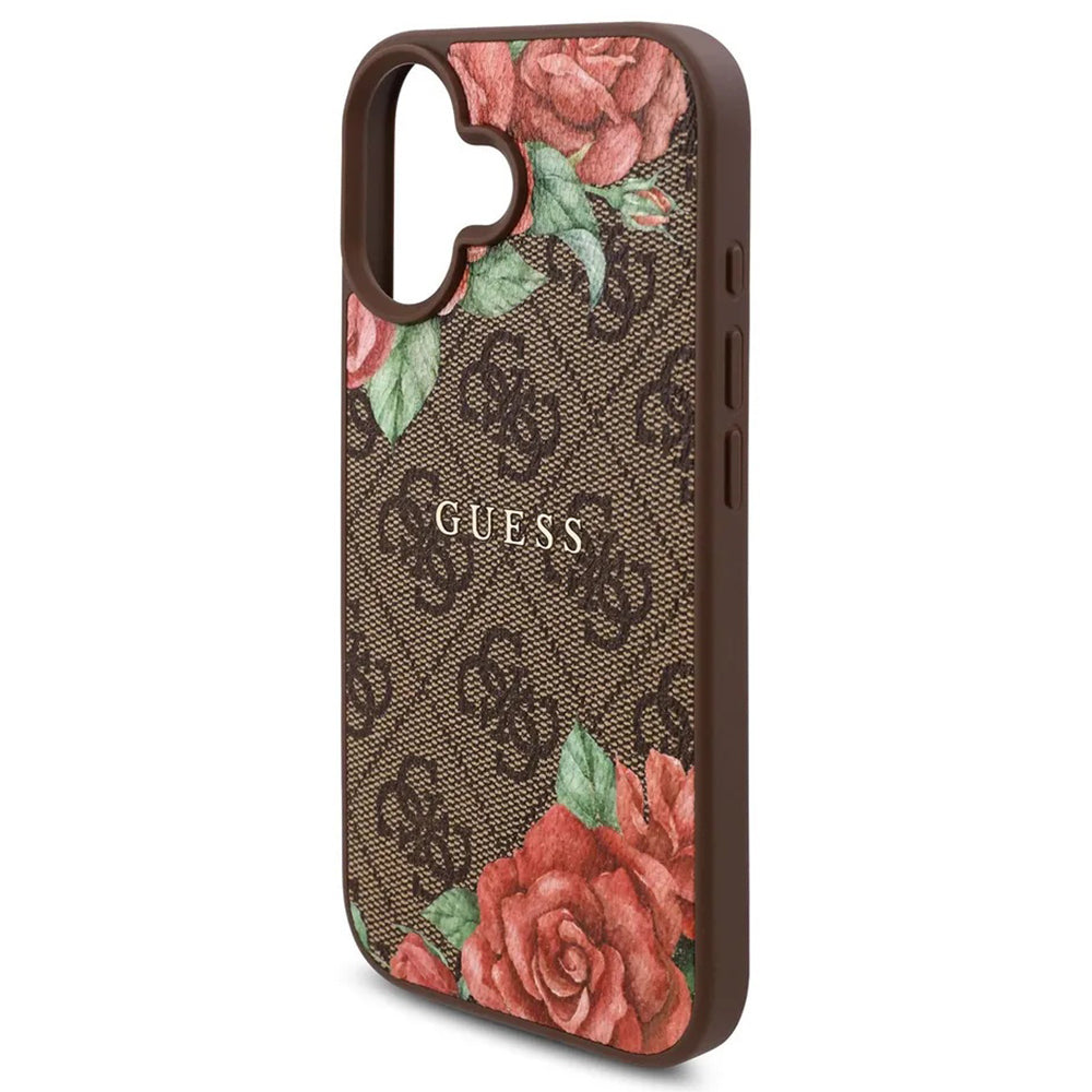 Funda MagSafe para Apple iPhone 16, Guess, 4G Flowers Print, Marrón