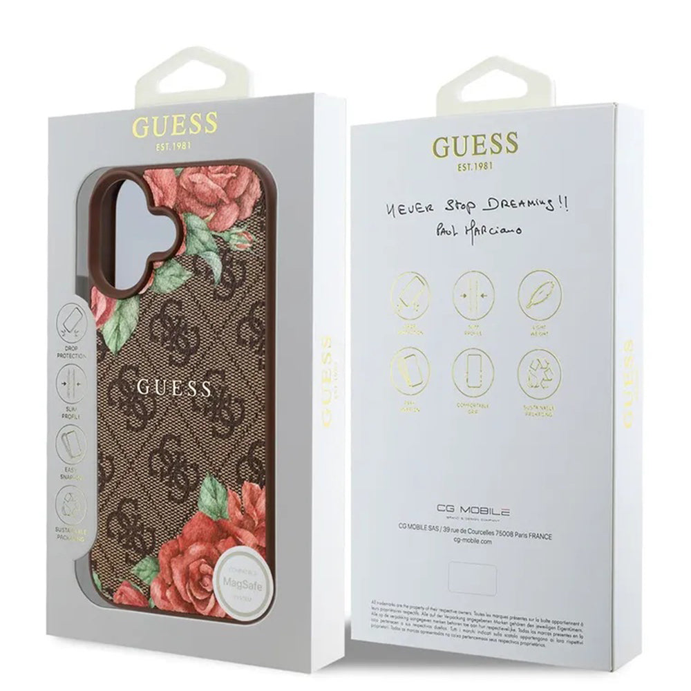 Funda MagSafe para Apple iPhone 16, Guess, 4G Flowers Print, Marrón