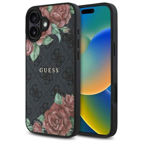 Funda MagSafe para Apple iPhone 16, Guess, 4G Flowers Print, Negra