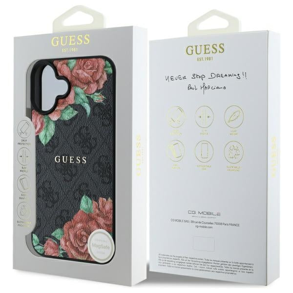 Funda MagSafe para Apple iPhone 16, Guess, 4G Flowers Print, Negra