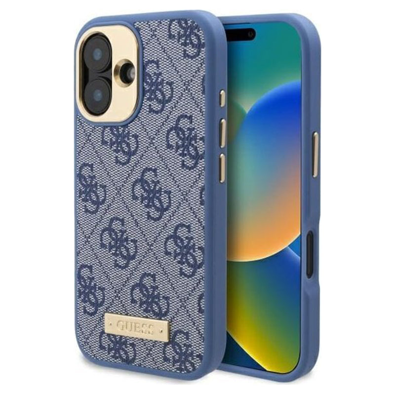 Funda MagSafe para Apple iPhone 16, Guess, 4G Logo Plate, Azul