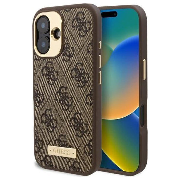 Funda MagSafe para Apple iPhone 16, Guess, 4G Logo Plate, Marrón