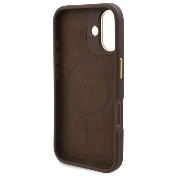 Funda MagSafe para Apple iPhone 16, Guess, 4G Logo Plate, Marrón