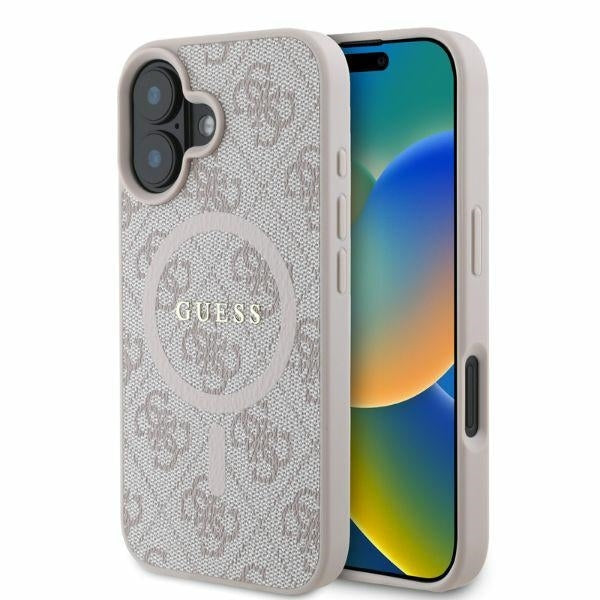 Funda MagSafe para Apple iPhone 16, Guess, 4G Ring Classic Logo, Rosa