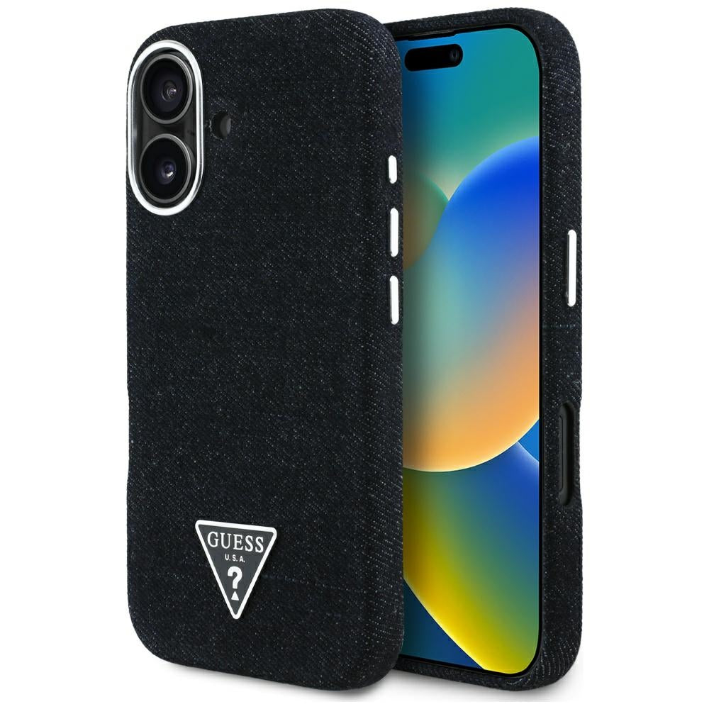 Funda MagSafe para Apple iPhone 16, Guess, Denim Triangle Logo, Negra