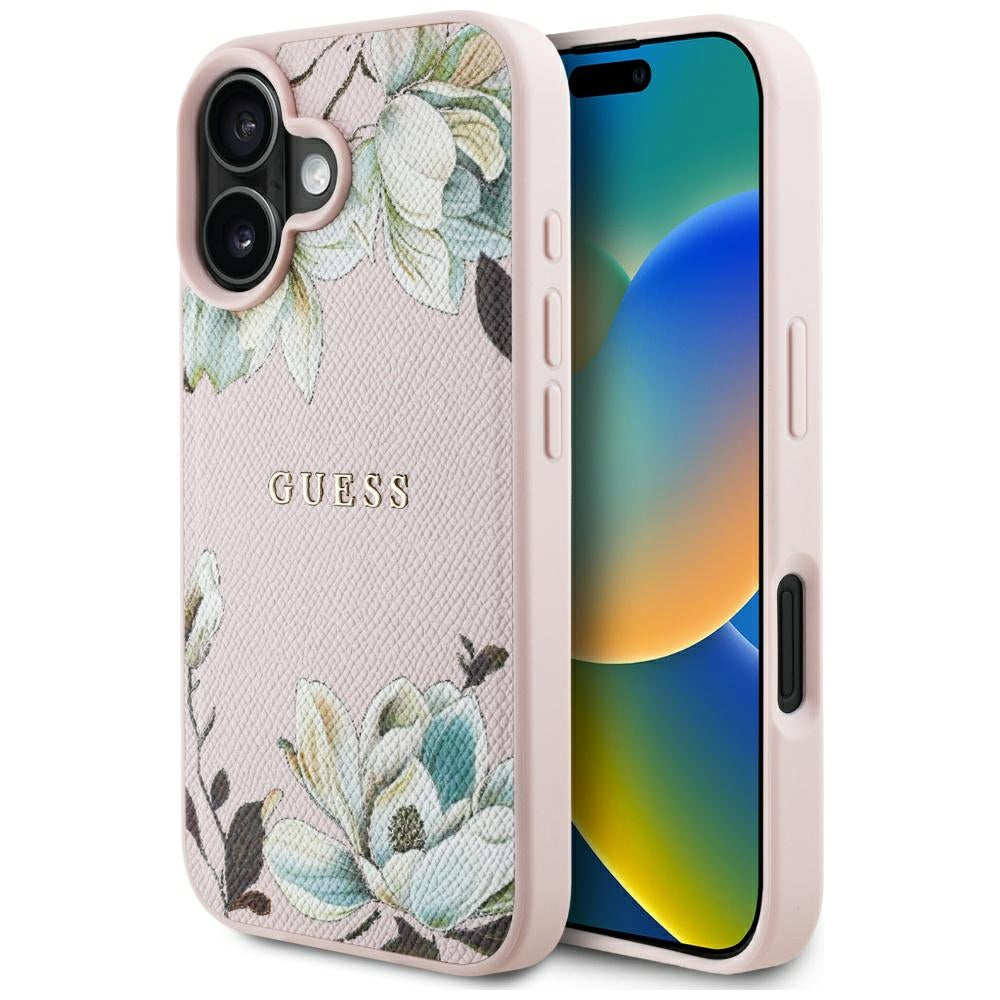 Funda MagSafe para Apple iPhone 16, Guess, Grained Flowers, Rosa