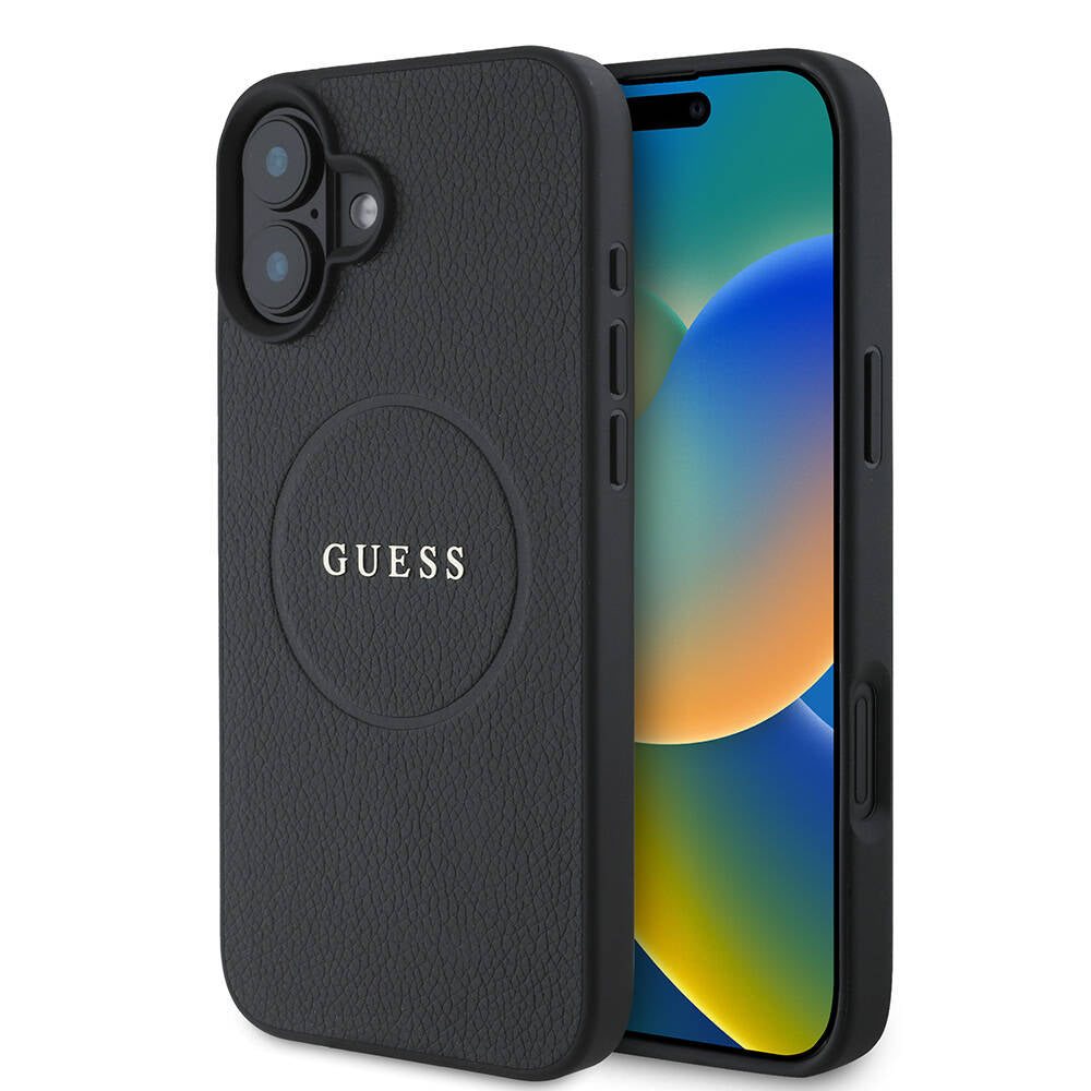 Funda MagSafe para Apple iPhone 16, Guess, Grained Gold Ring, Negra