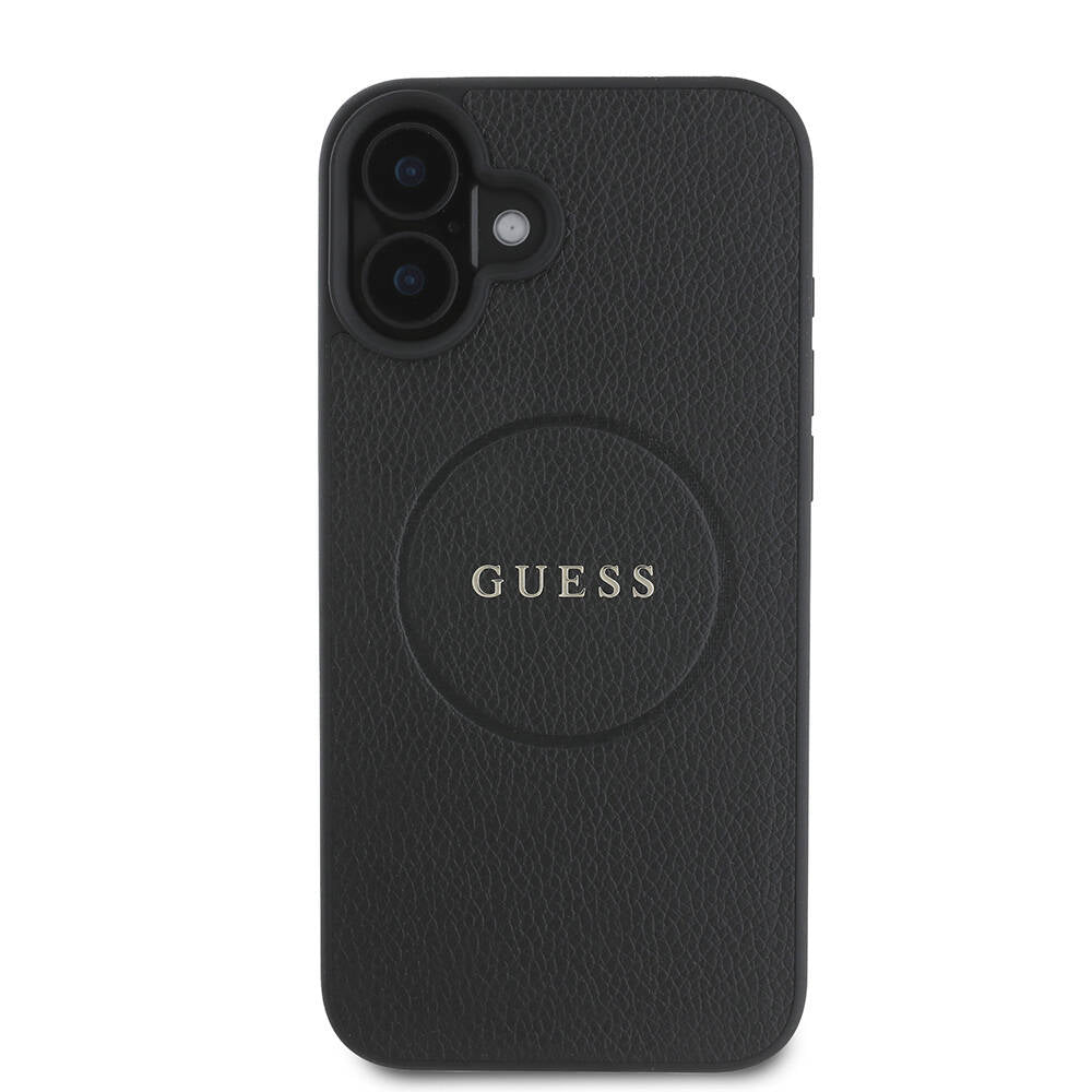 Funda MagSafe para Apple iPhone 16, Guess, Grained Gold Ring, Negra