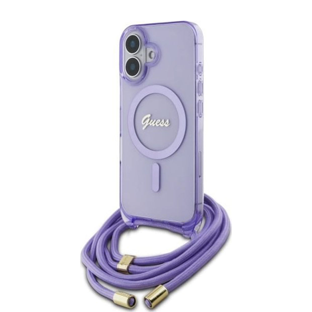 Funda MagSafe para Apple iPhone 16, Guess, IML Crossbody Cord Script, Morado