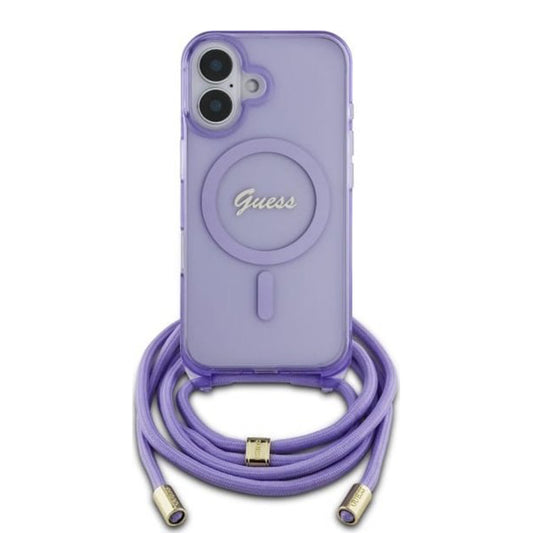 Funda MagSafe para Apple iPhone 16, Guess, IML Crossbody Cord Script, Morado
