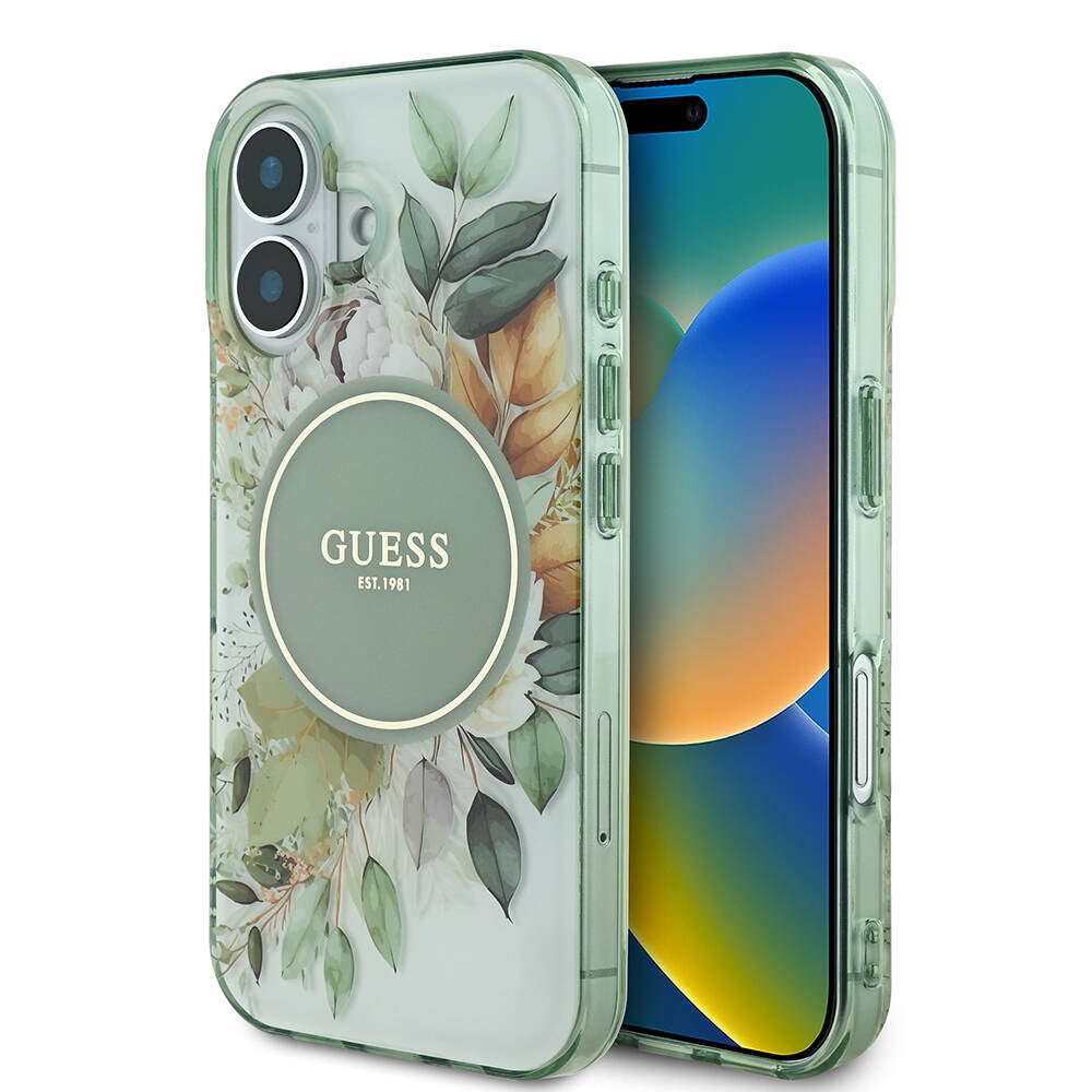 Funda MagSafe para Apple iPhone 16, Guess, IML Flower & Tonal Circle, Verde