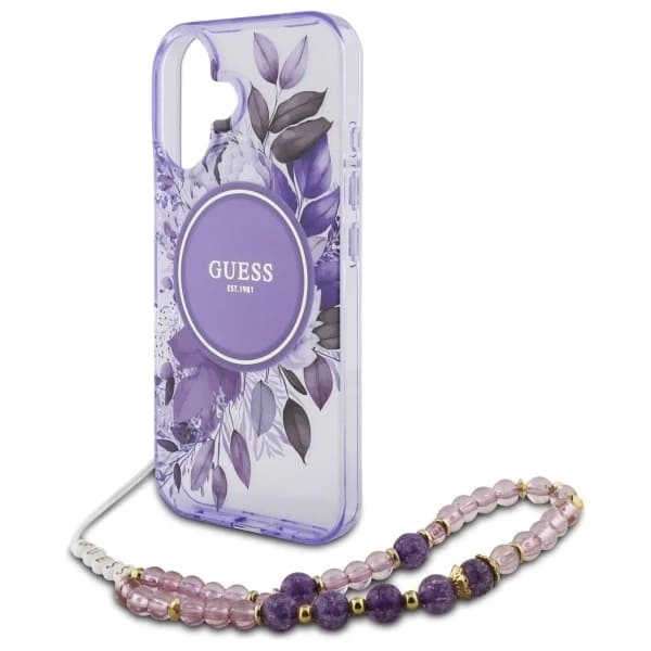 Funda MagSafe para Apple iPhone 16, Guess, IML Flowers with Pearl Strap, Morado