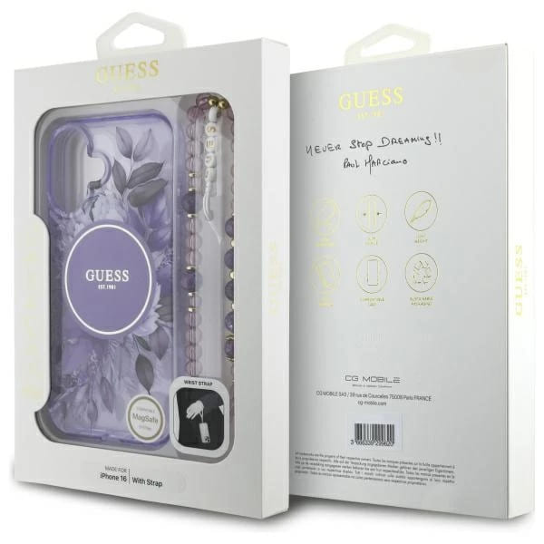 Funda MagSafe para Apple iPhone 16, Guess, IML Flowers with Pearl Strap, Morado
