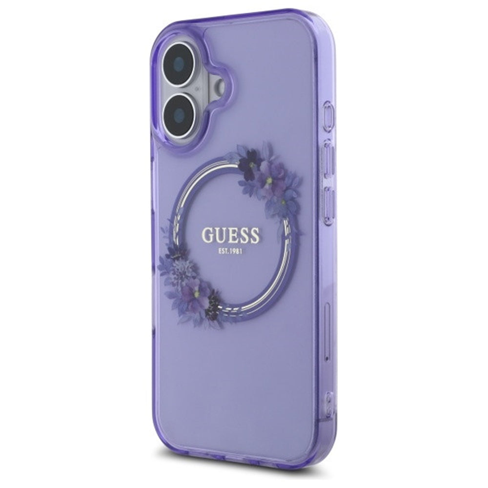 Funda MagSafe para Apple iPhone 16, Guess, IML Flowers Wreath, Rosa