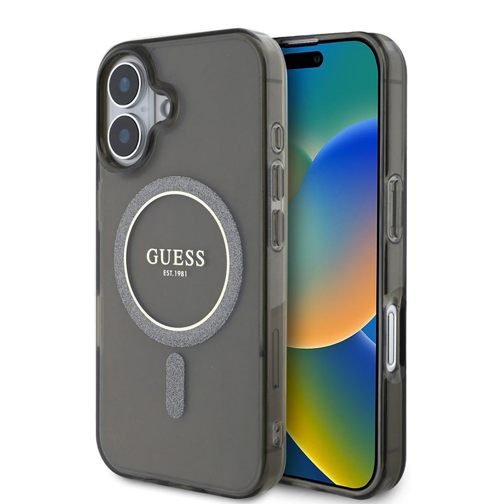 Funda MagSafe para Apple iPhone 16, Guess, IML Glitter Circle, Negra