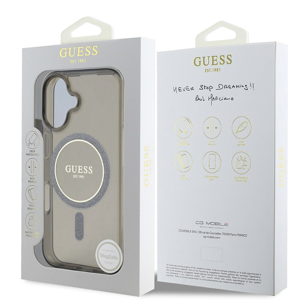 Funda MagSafe para Apple iPhone 16, Guess, IML Glitter Circle, Negra
