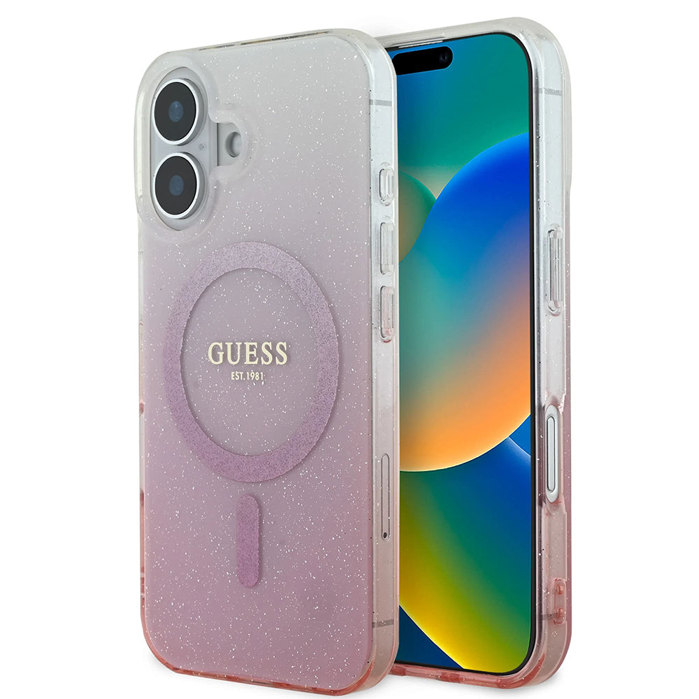 MagSafe Case for Apple iPhone 16, Guess, IML Glitter Gradient, Pink
