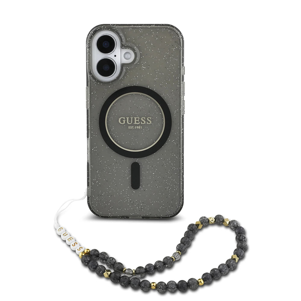 Funda MagSafe para Apple iPhone 16, Guess, IML Glitter con Correa de Perla, Negra