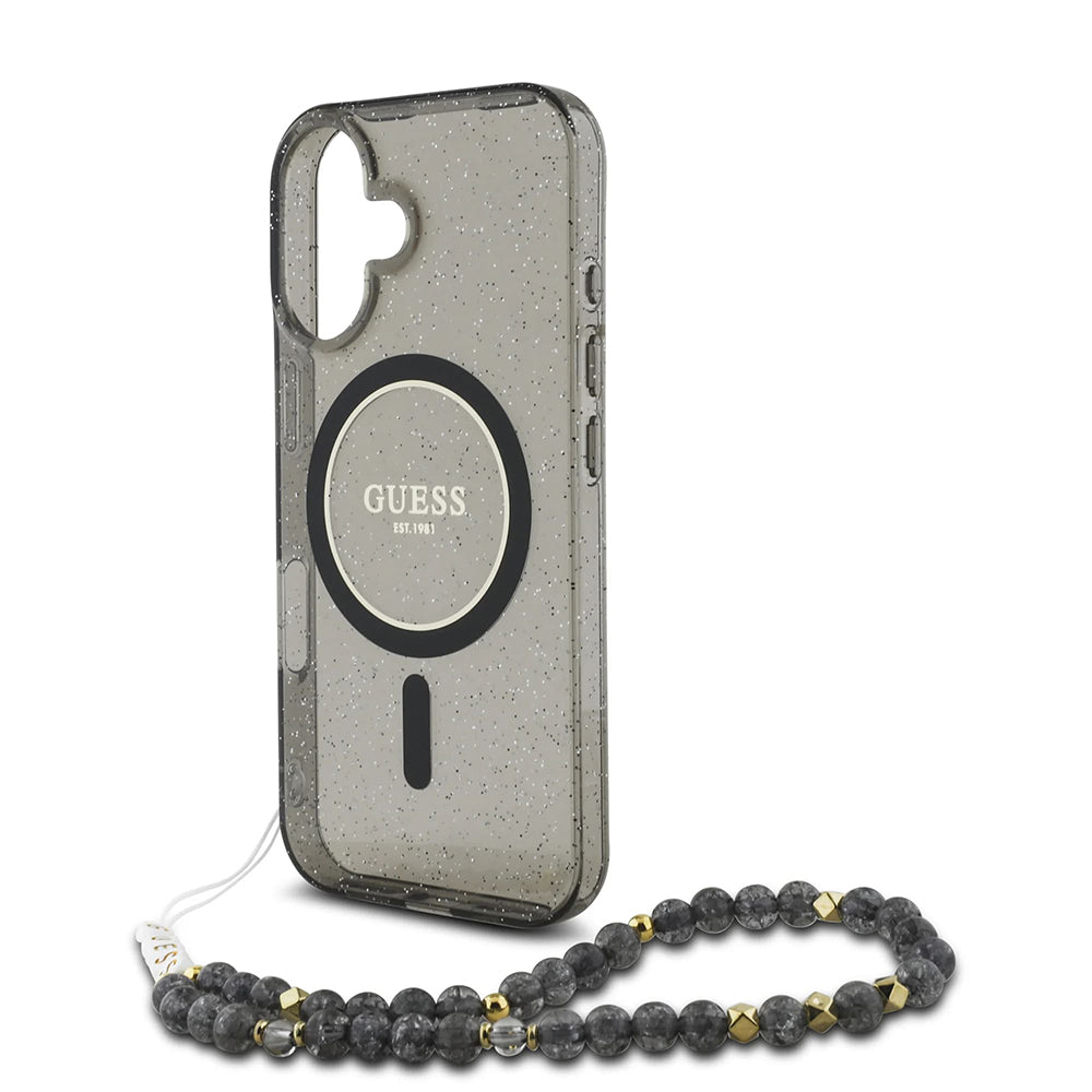 Funda MagSafe para Apple iPhone 16, Guess, IML Glitter con Correa de Perla, Negra