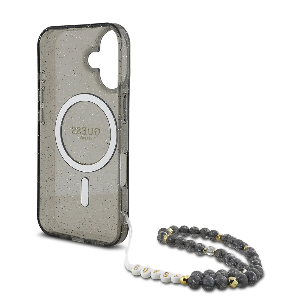 Funda MagSafe para Apple iPhone 16, Guess, IML Glitter con Correa de Perla, Negra