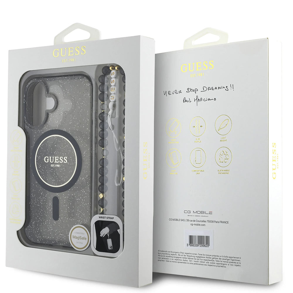 Funda MagSafe para Apple iPhone 16, Guess, IML Glitter con Correa de Perla, Negra