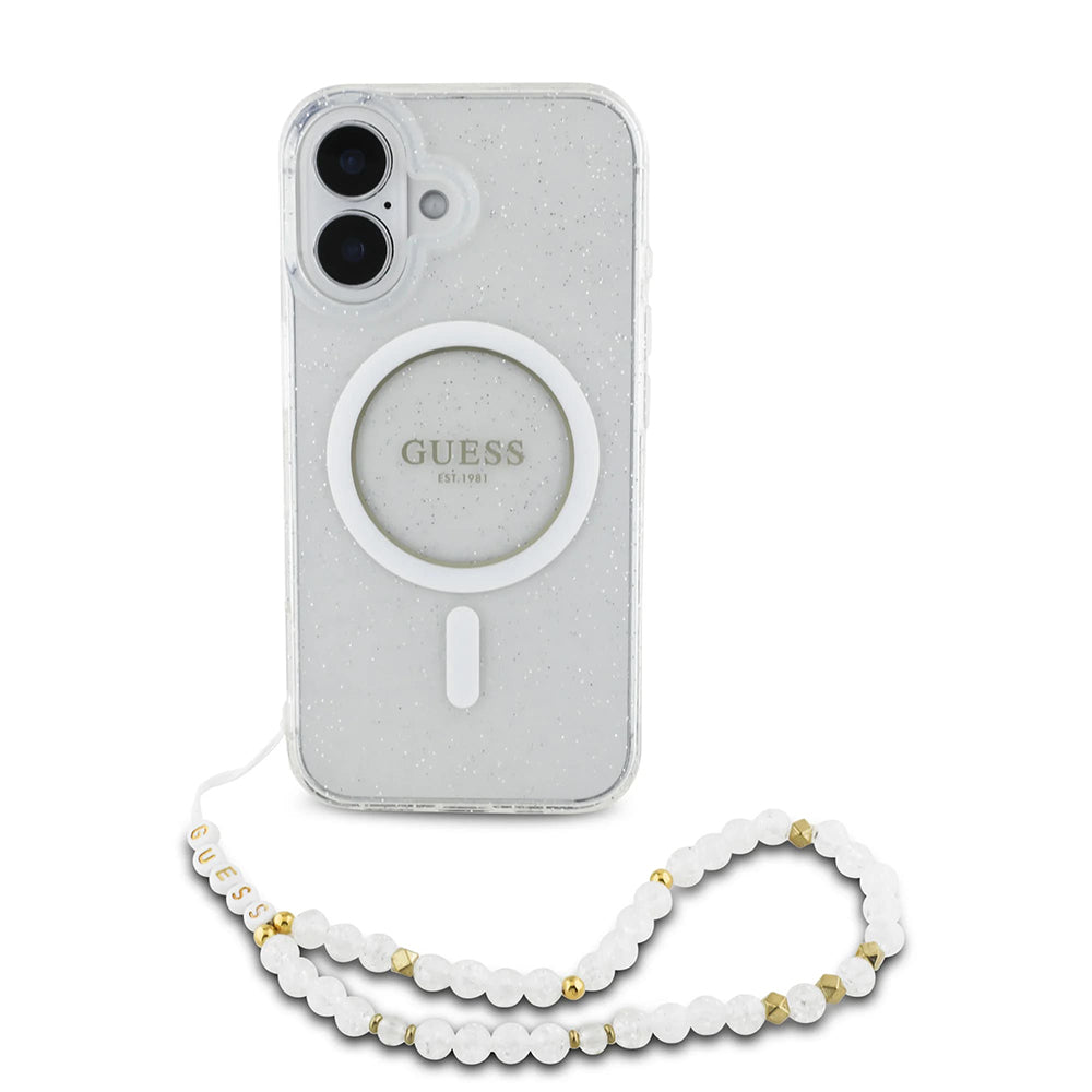 Funda MagSafe para Apple iPhone 16, Guess, IML Glitter con Correa de Perla, Transparente