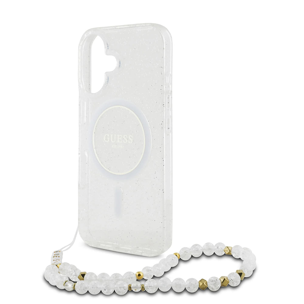 Funda MagSafe para Apple iPhone 16, Guess, IML Glitter con Correa de Perla, Transparente